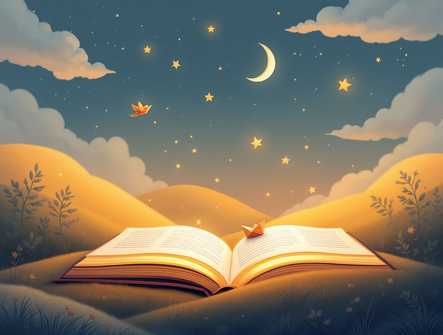 A glowing open storybook on moonlit hills, with a tiny dragon, a paper boat, stars and a crescent moon drifting from its pages.